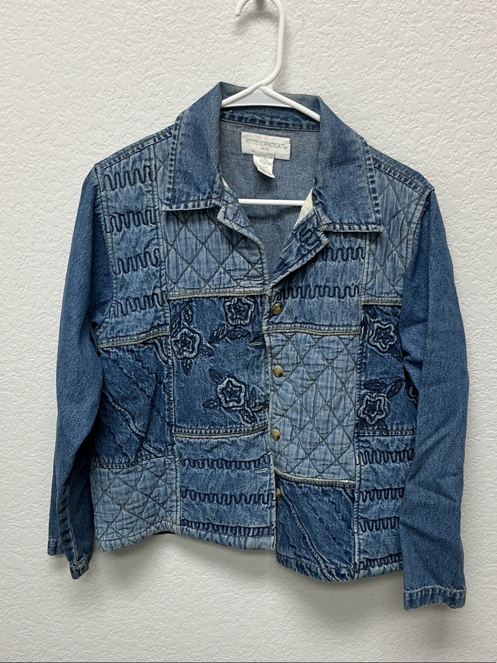 Petite Sophisticate Patchwork Embroidered Denim Jacket - Blue
